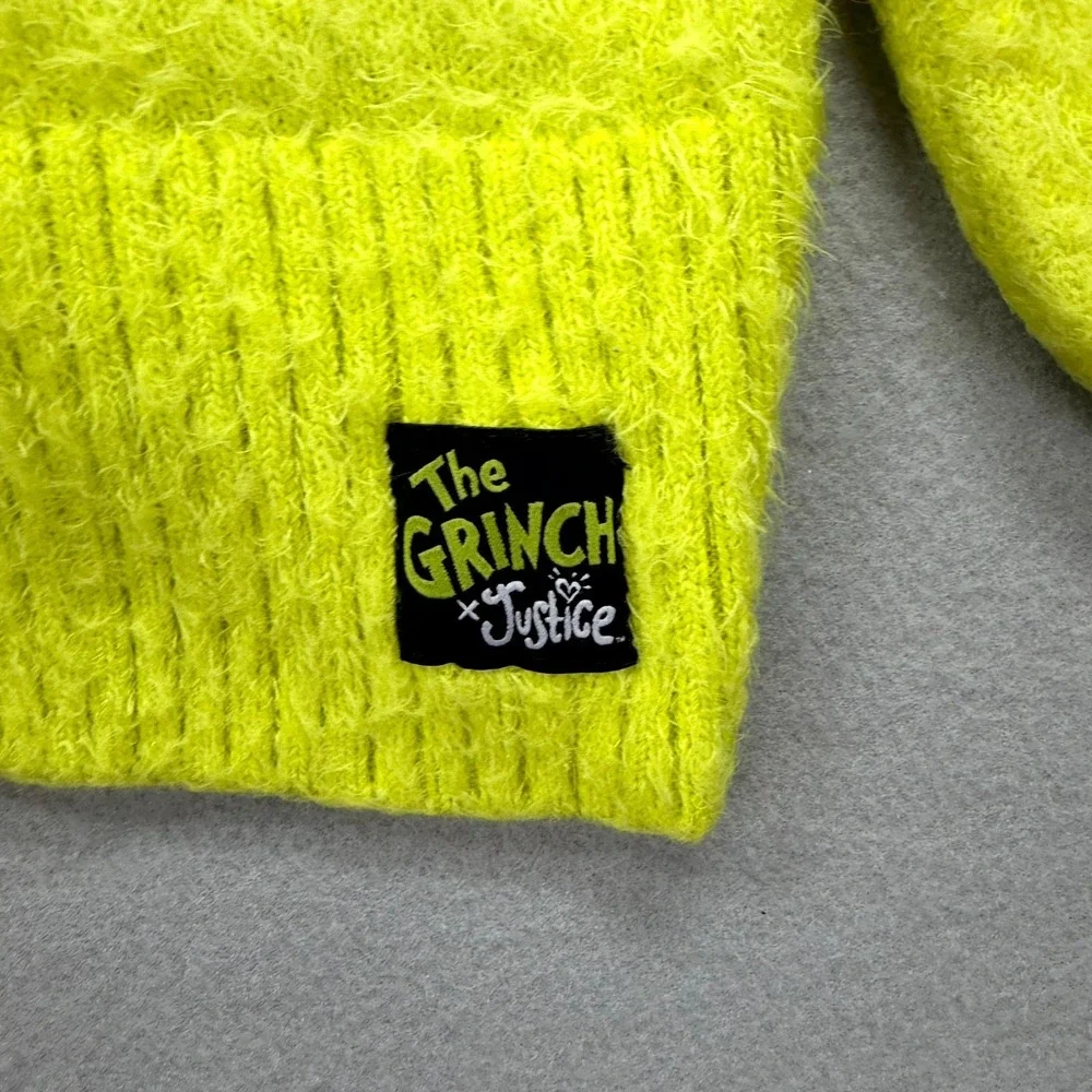The Grinch Justice Hooded Sweater Girls Large Lime Green Graphic Logo Fuzzy Knit